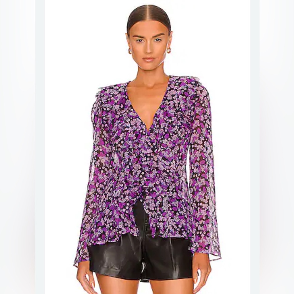 Free People Nina Printed Top in Black Combo Sheer Hook & Eye Closure Raw Edges L